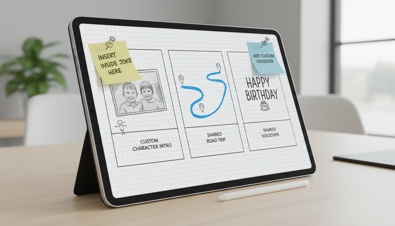 A digital storyboard template illustrating how to map out a personalized video roast for a long-distance friend.