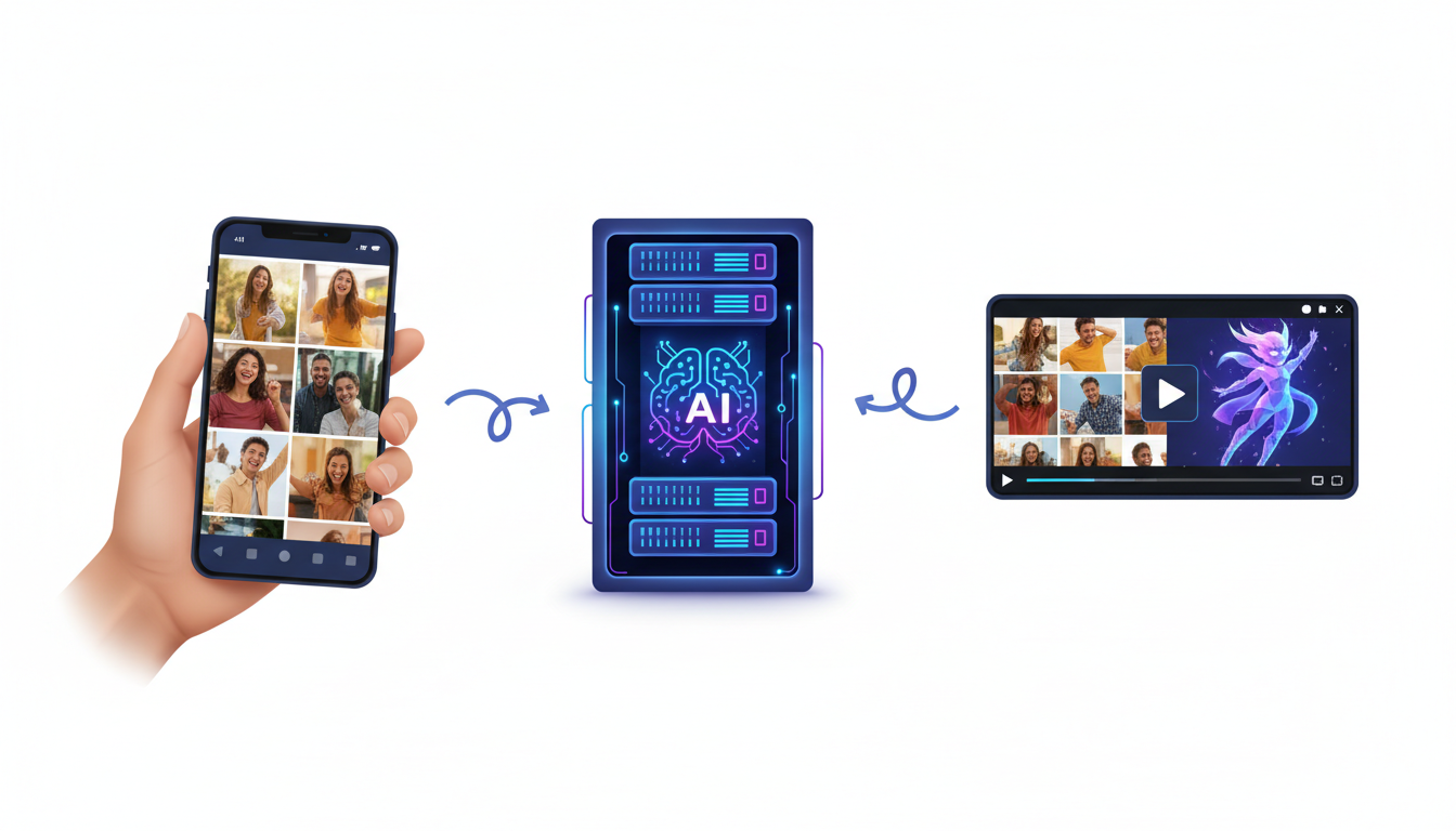 An infographic showing how to combine user-generated video clips with an AI character intro for a group gift.