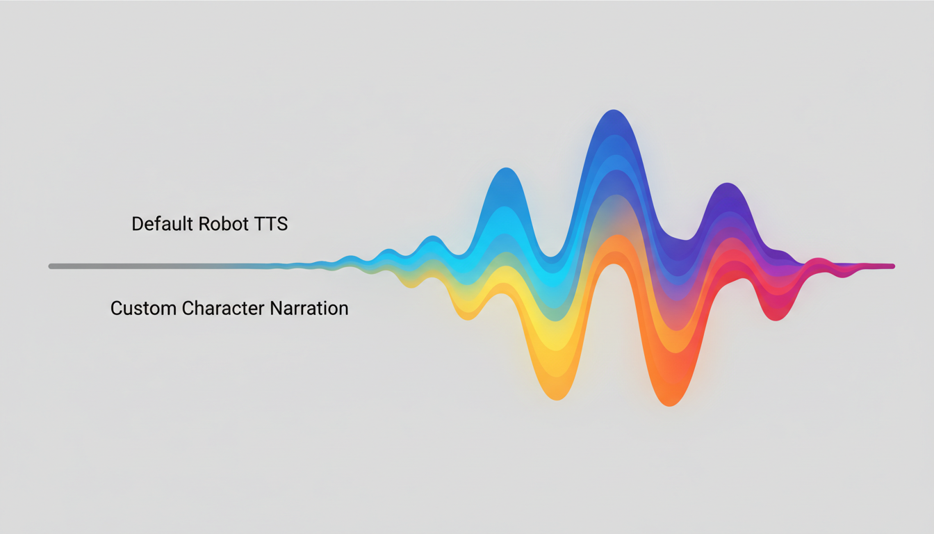 A visual comparison showing a flat gray line for generic text-to-speech versus a dynamic, colorful soundwave for custom character narration.