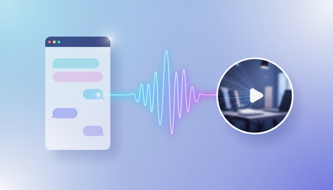 An interface mockup showing an AI chat thread transforming into an audio waveform and video generator panel.