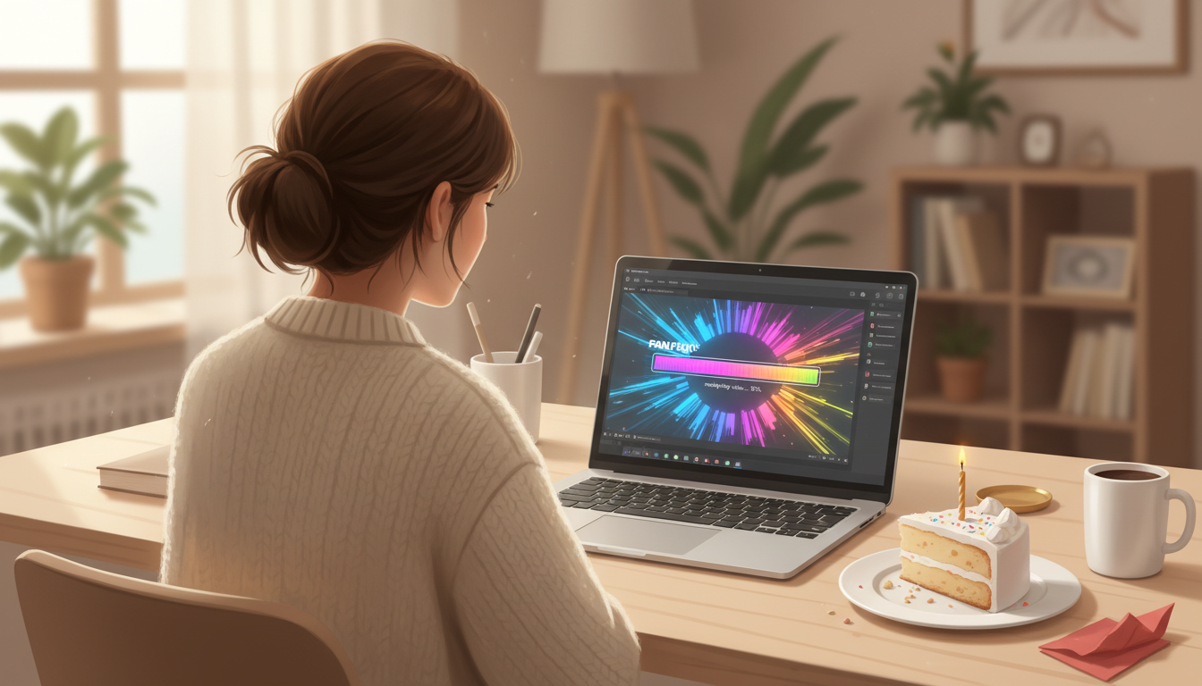 A laptop screen showing an instant video generation progress bar next to a slice of birthday cake.