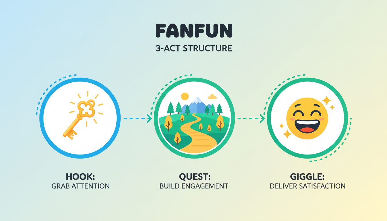 An infographic illustrating the Hook, Quest, Giggle three-act formula for children's audio stories.