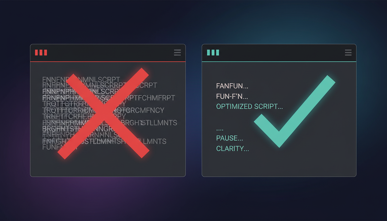 A comparison graphic showing how to format text-to-speech scripts with phonetic spelling and punctuation for better AI voice delivery.