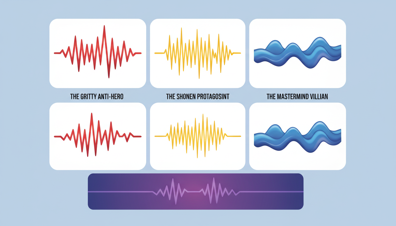 An infographic grid showcasing three distinct AI voice profiles with varying pitch, tempo, and texture settings for character casting.