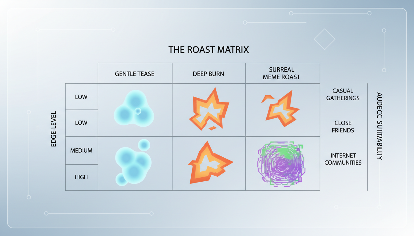 An infographic displaying the Roast Matrix, comparing different levels of comedic roasts from gentle to deep burns.
