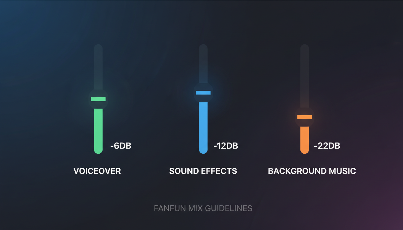 An infographic showing the ideal decibel level mix for voiceover, sound effects, and background music in short-form video.