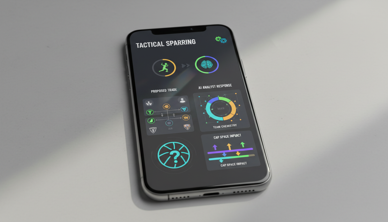 Mockup of an AI sports companion chat interface analyzing a trade proposal on a mobile phone.