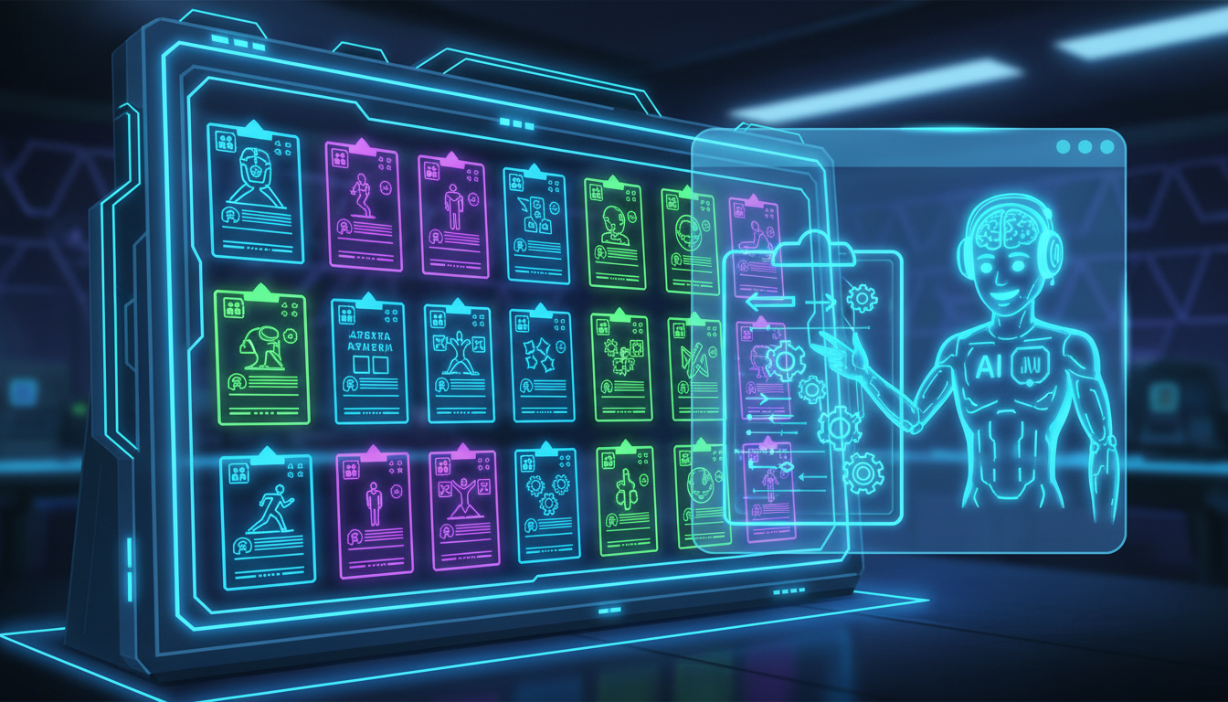 Stylized illustration of a fantasy sports draft board integrated with an AI coach chat interface.