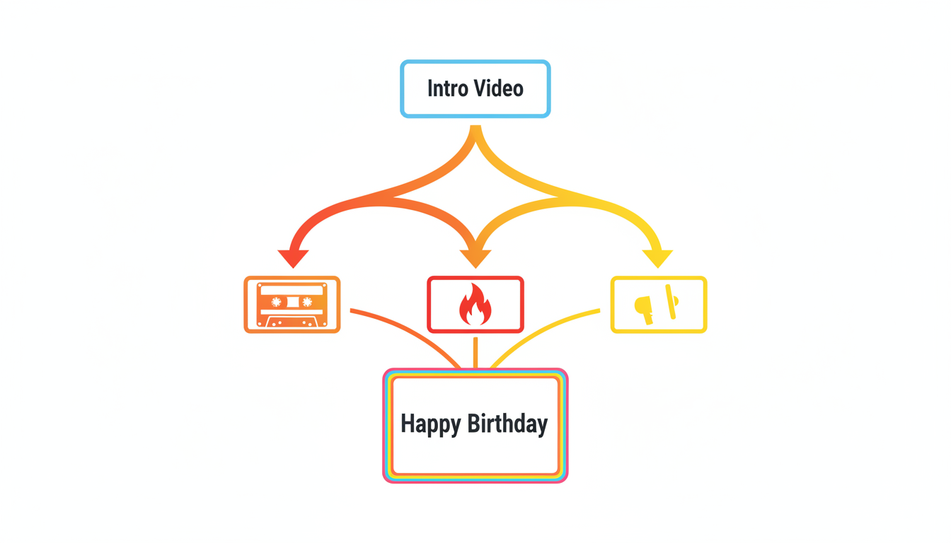 A clean flowchart diagram showing a branching interactive video card structure with three choice paths: Nostalgia, Roast, and Hype.