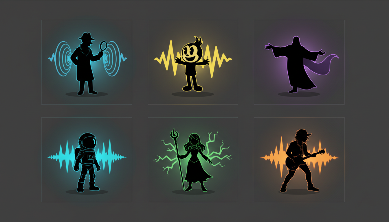 An artistic representation of different character voice archetypes used in creative storytelling.
