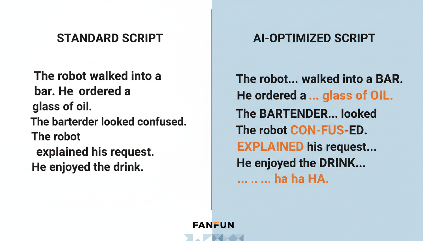 Infographic comparing a standard text script with an AI-optimized script using phonetic spelling and strategic punctuation for better comedic timing.
