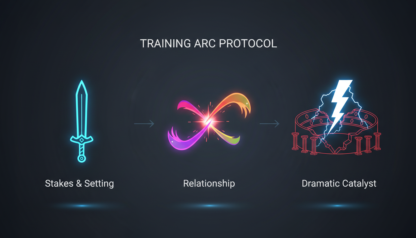 An infographic detailing the three steps of the Training Arc Protocol for anime AI roleplay: Stakes, Relationship, and Catalyst.