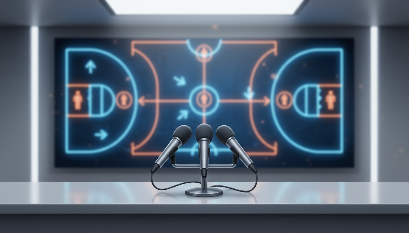 A stylized digital sports press conference room with a microphone and glowing tactical play diagrams on the background screen.