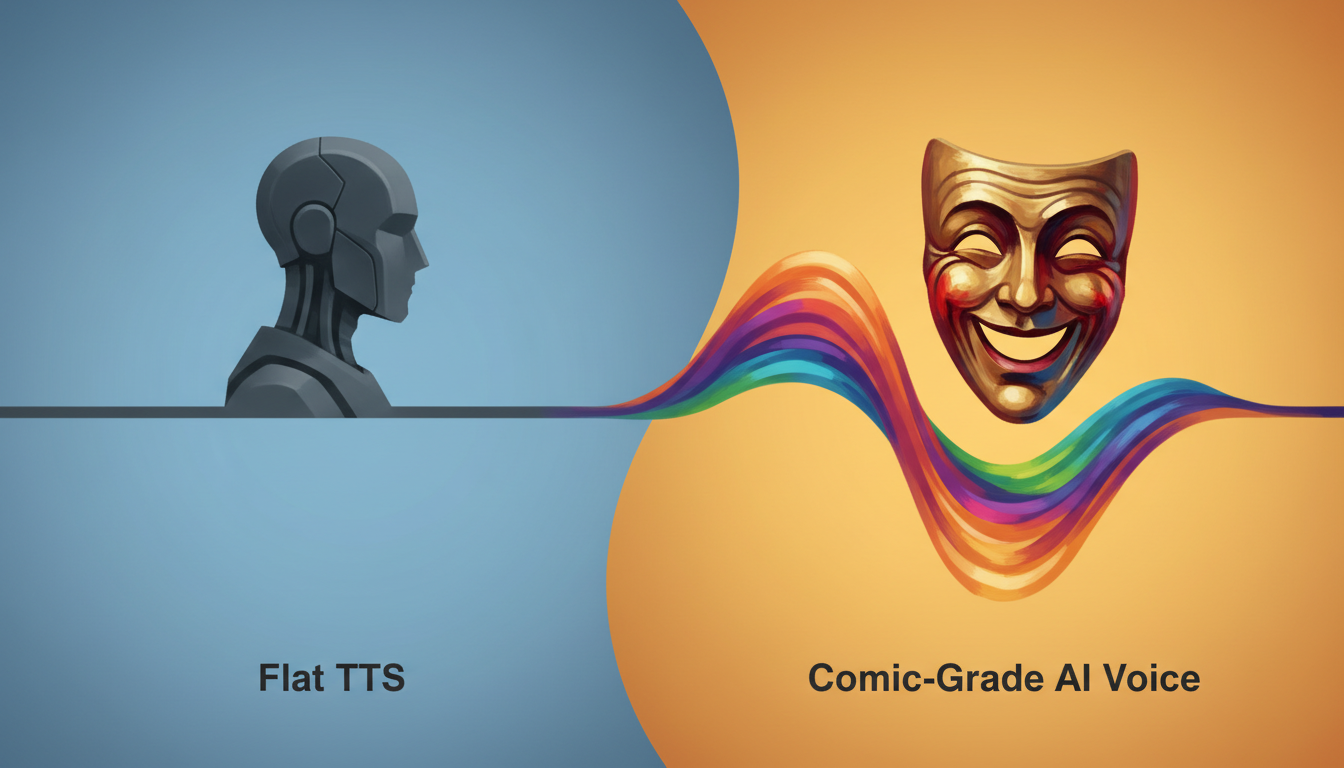 An infographic comparing flat text-to-speech waveforms with dynamic, expressive comic-grade AI voice waves.