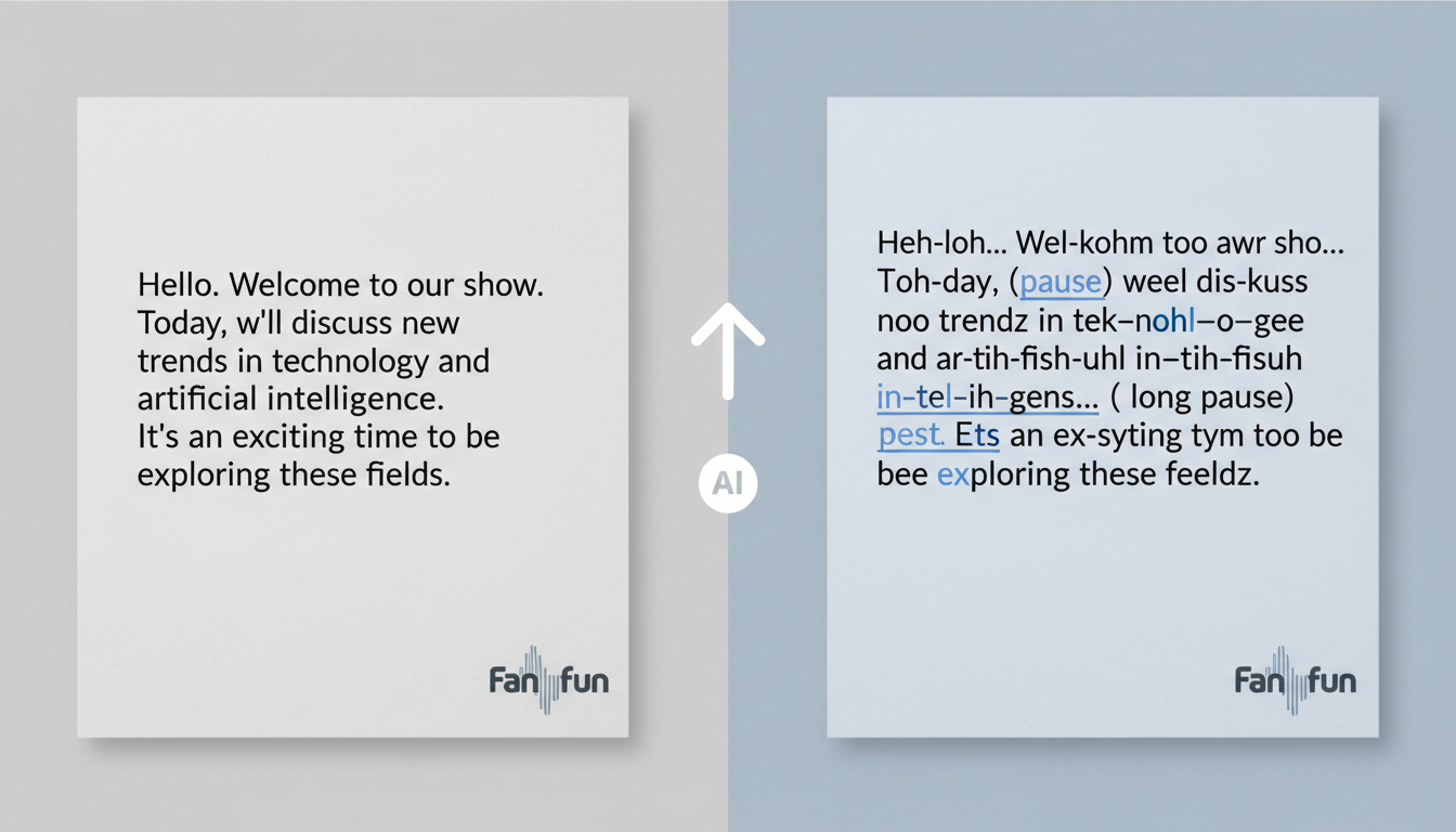 A comparison showing a standard script versus an AI-optimized script with phonetic spelling and punctuation highlights.