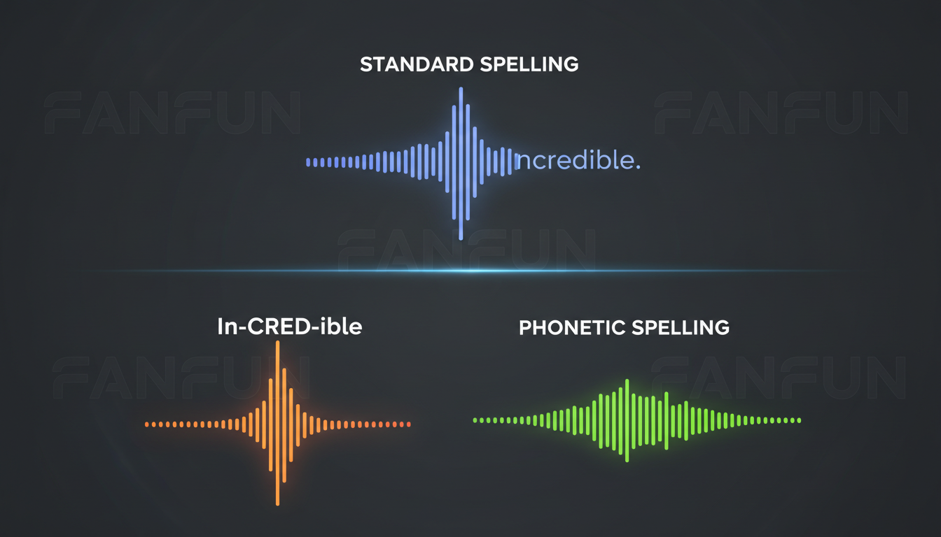An infographic comparing standard text input with phonetic spelling tweaks to show how it alters the shape and peaks of an audio waveform.