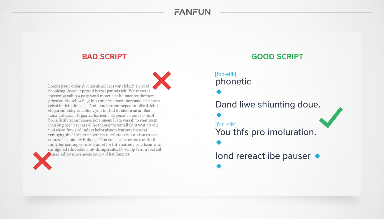 A comparison showing how to format a product demo script for natural-sounding AI voice generation.