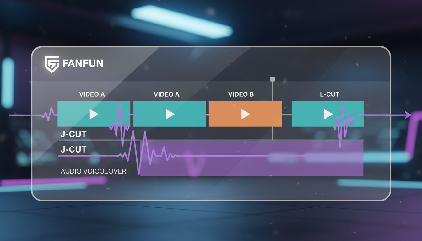 Diagram of J-cuts and L-cuts on a video editing timeline, showing audio overlapping video clips for smoother transitions.