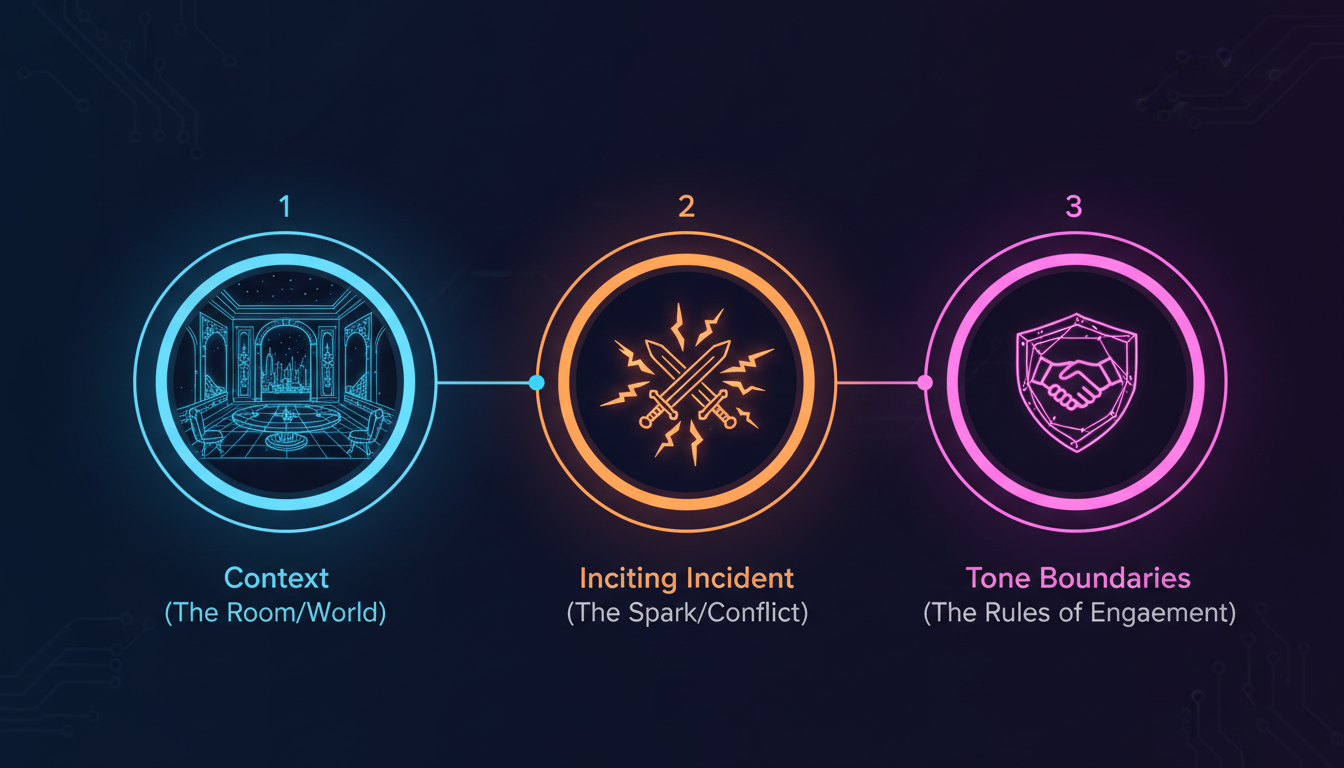Infographic showing the 3-step setup framework for immersive AI character roleplay: Context, Inciting Incident, and Tone Boundaries.