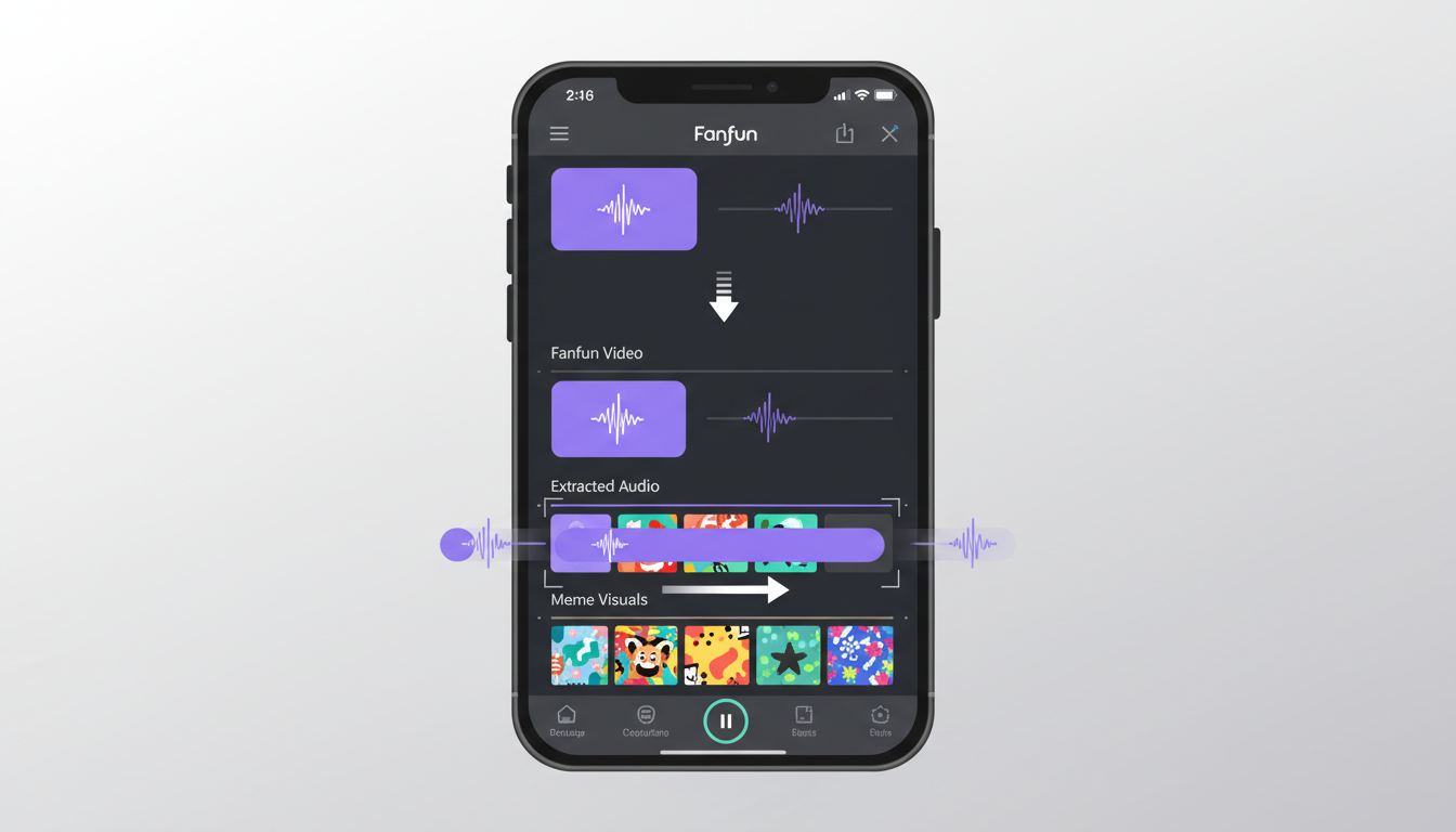 A diagram of a mobile video editing timeline showing the visual track of a meme template aligned with an extracted audio track from a custom AI voice generator.