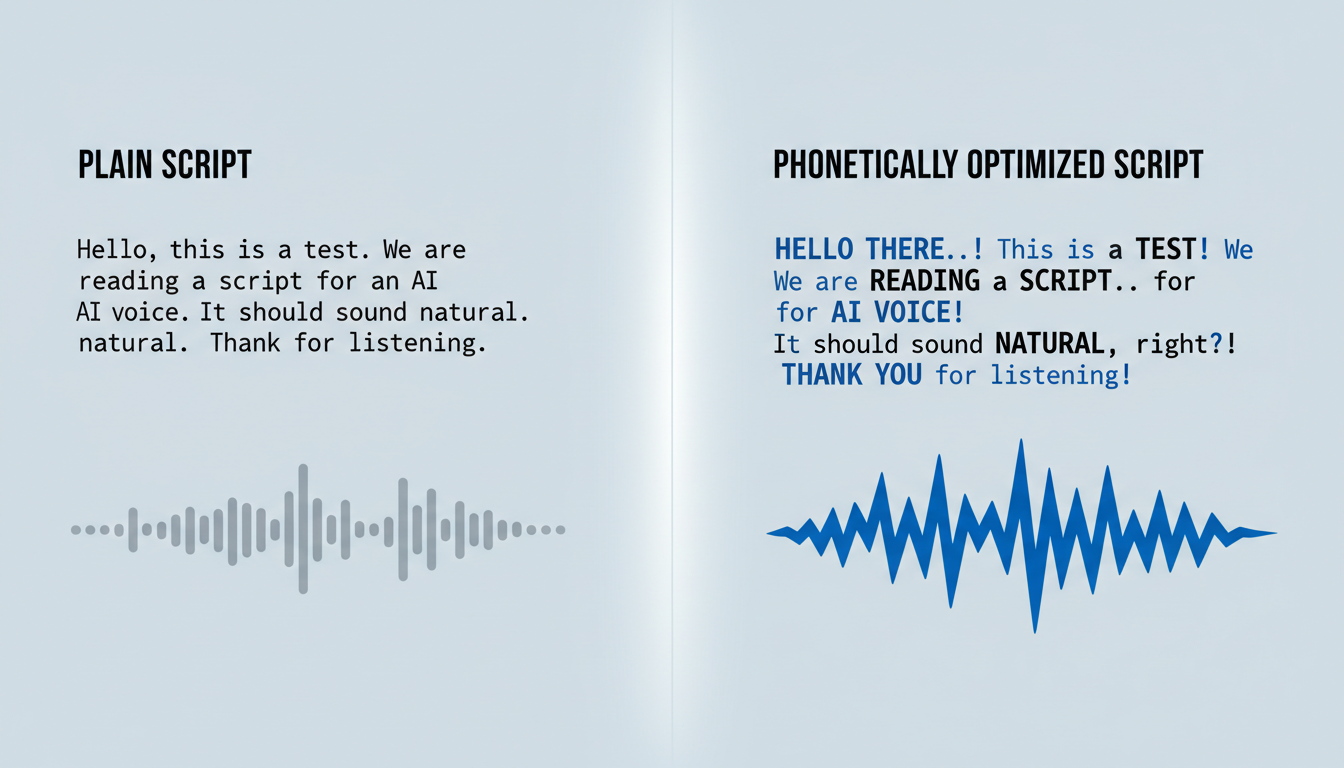 A comparison graphic displaying plain text script formatting next to phonetically formatted script text for AI voice generation.