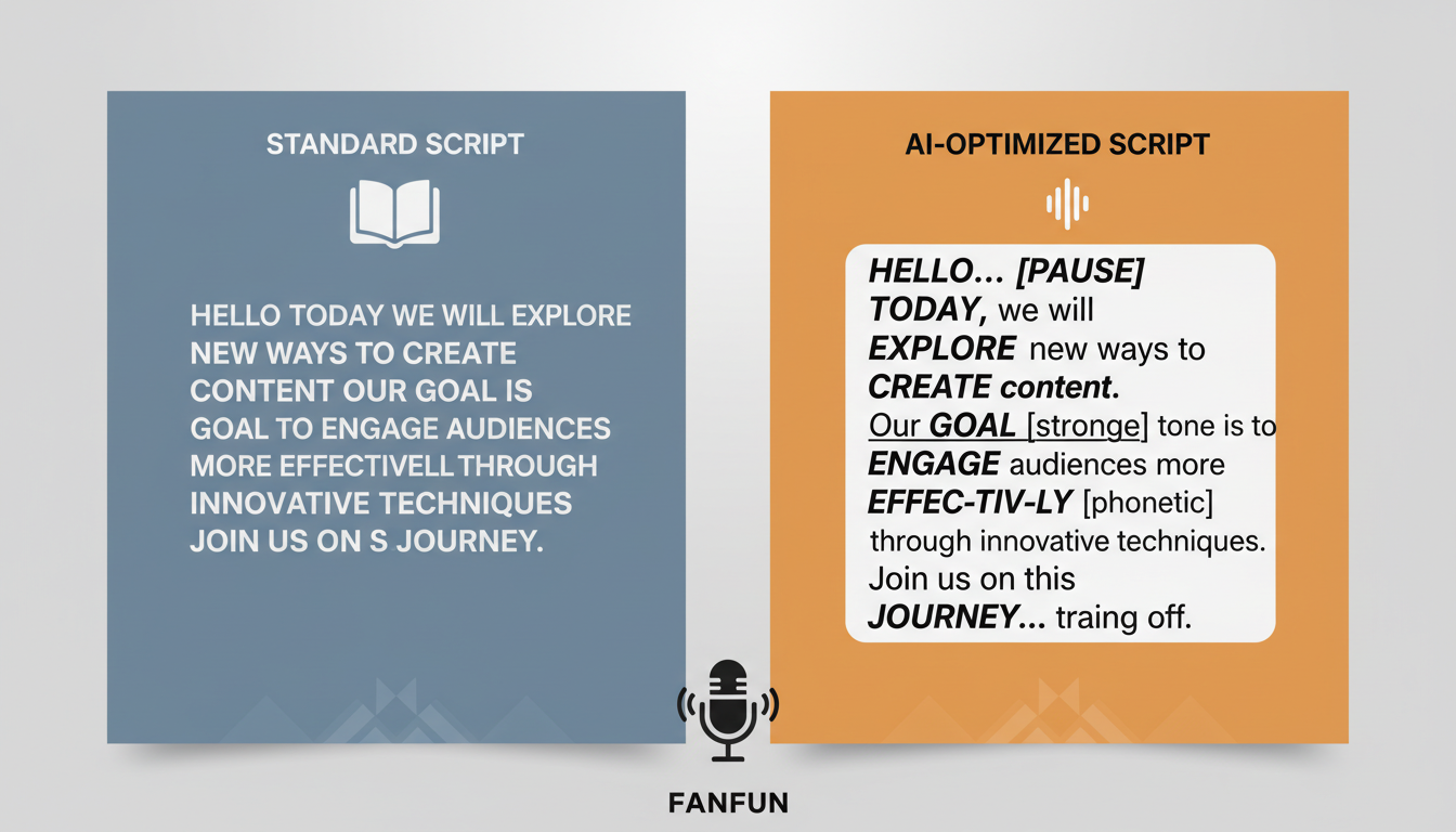 A comparison graphic showing a standard script versus an AI-optimized script with phonetic spelling and punctuation cues.