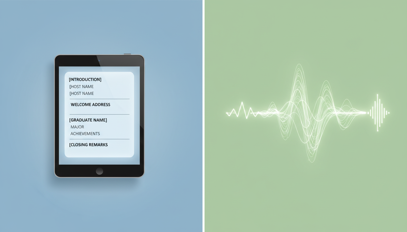 A visual representation of a structured script template next to an audio waveform, illustrating how to write custom scripts for AI character voices.