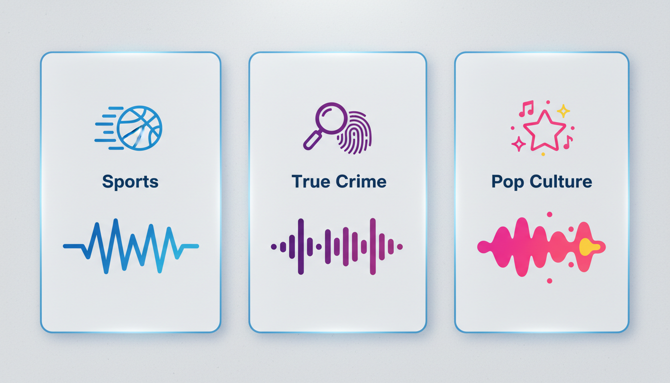 A visual comparison of podcast genres showing different soundwave patterns for high-energy sports, slow true-crime narration, and casual pop-culture commentary.