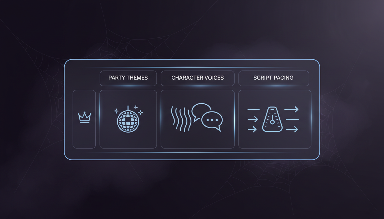 A structured table mapping out Halloween party themes, recommended AI characters, and script delivery tips.