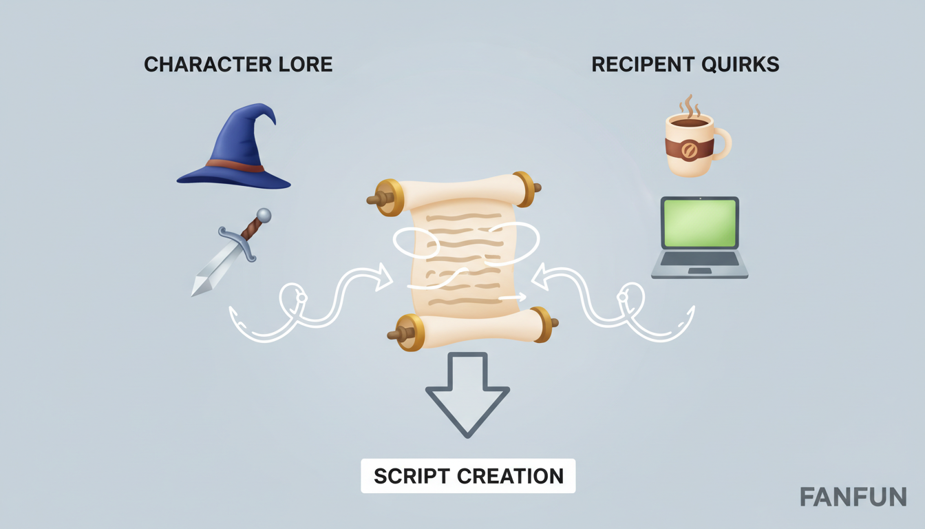 An infographic showing how to map fictional character lore to real-life recipient quirks for a personalized script.