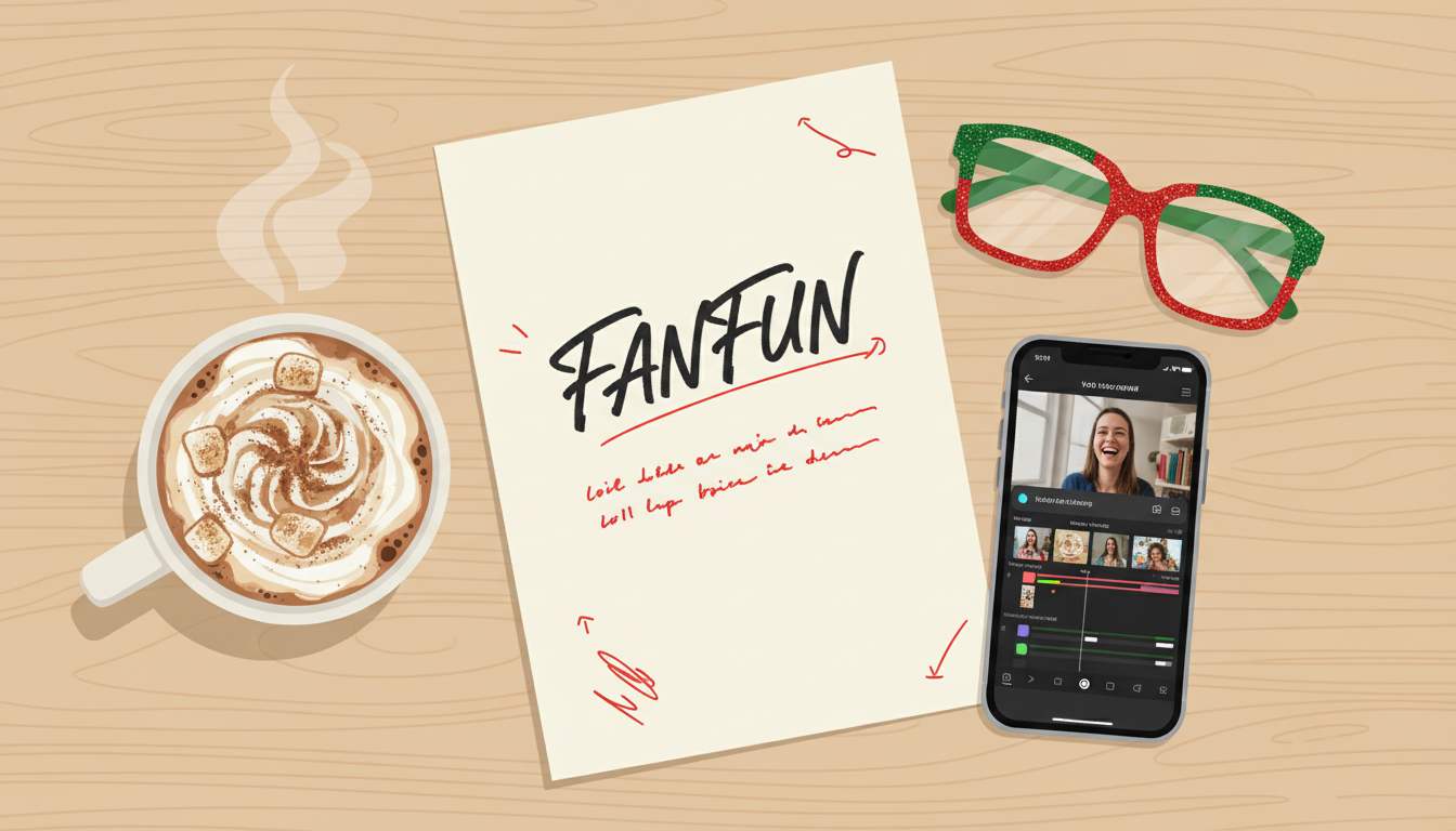 A festive desk setup showing a script draft for a sibling Santa video alongside hot cocoa and a smartphone.