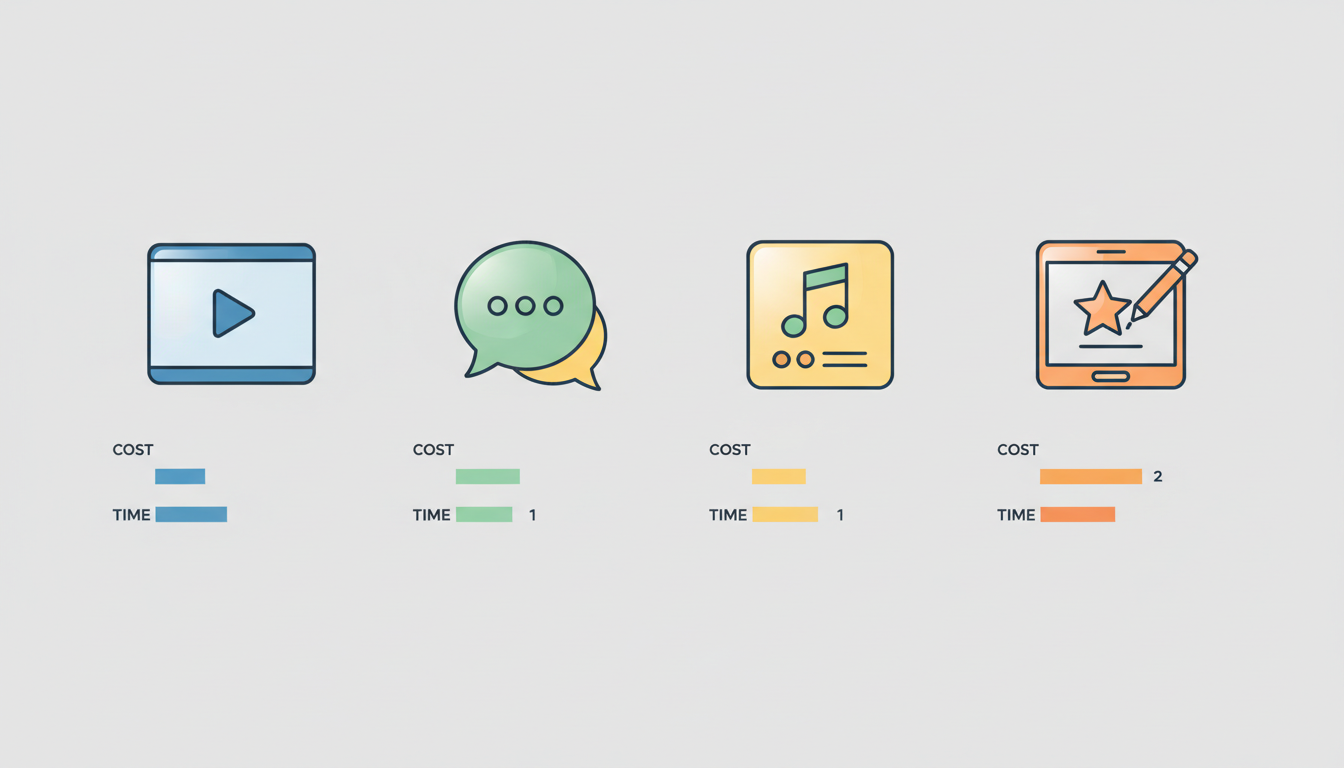 An infographic comparing AI videos, interactive chats, digital art, and custom playlists on cost and creation speed.