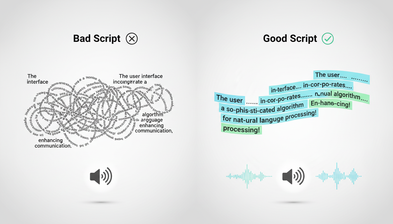 A graphic showing the difference between a standard text script and an optimized script for AI voice generation using phonetic spelling and punctuation cues.