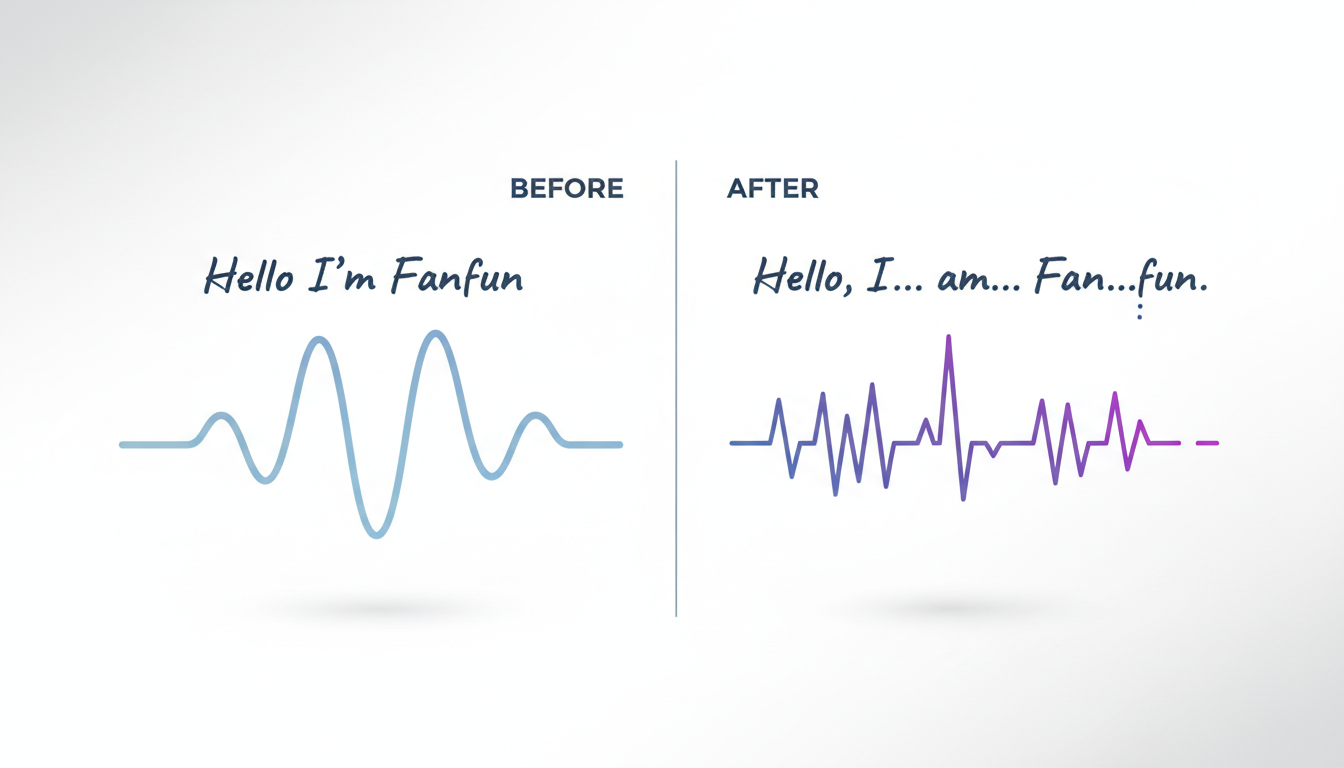 An infographic comparing standard script text to AI-optimized script text with punctuation cues for better comedic timing.