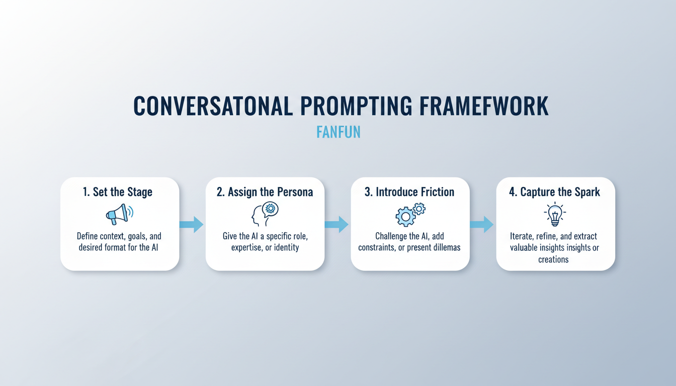 An infographic showing the four steps of the Conversational Prompting Framework for creative writers.