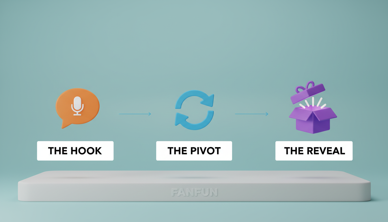 An infographic showing the three-part script framework for a surprise announcement video: Hook, Pivot, and Reveal.
