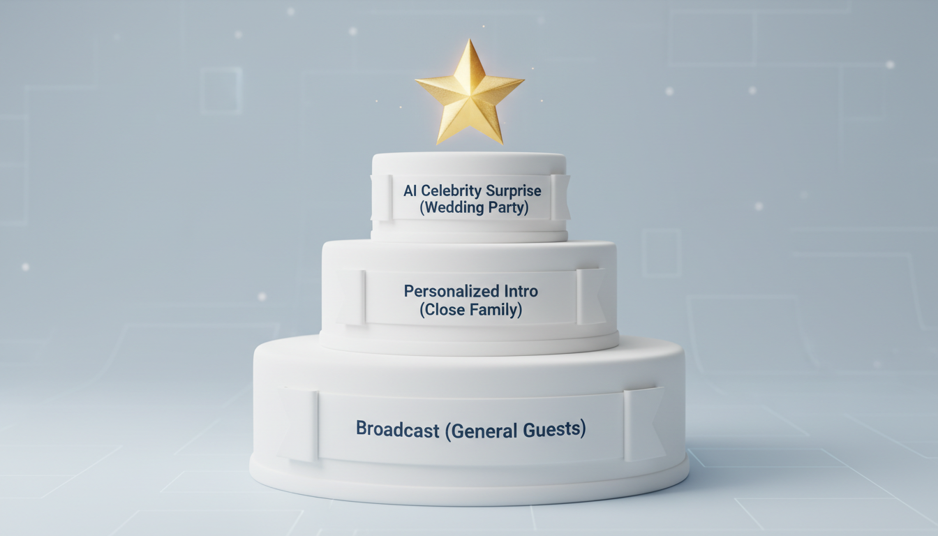 A tiered diagram showing how to segment wedding guests for different types of video thank you messages.