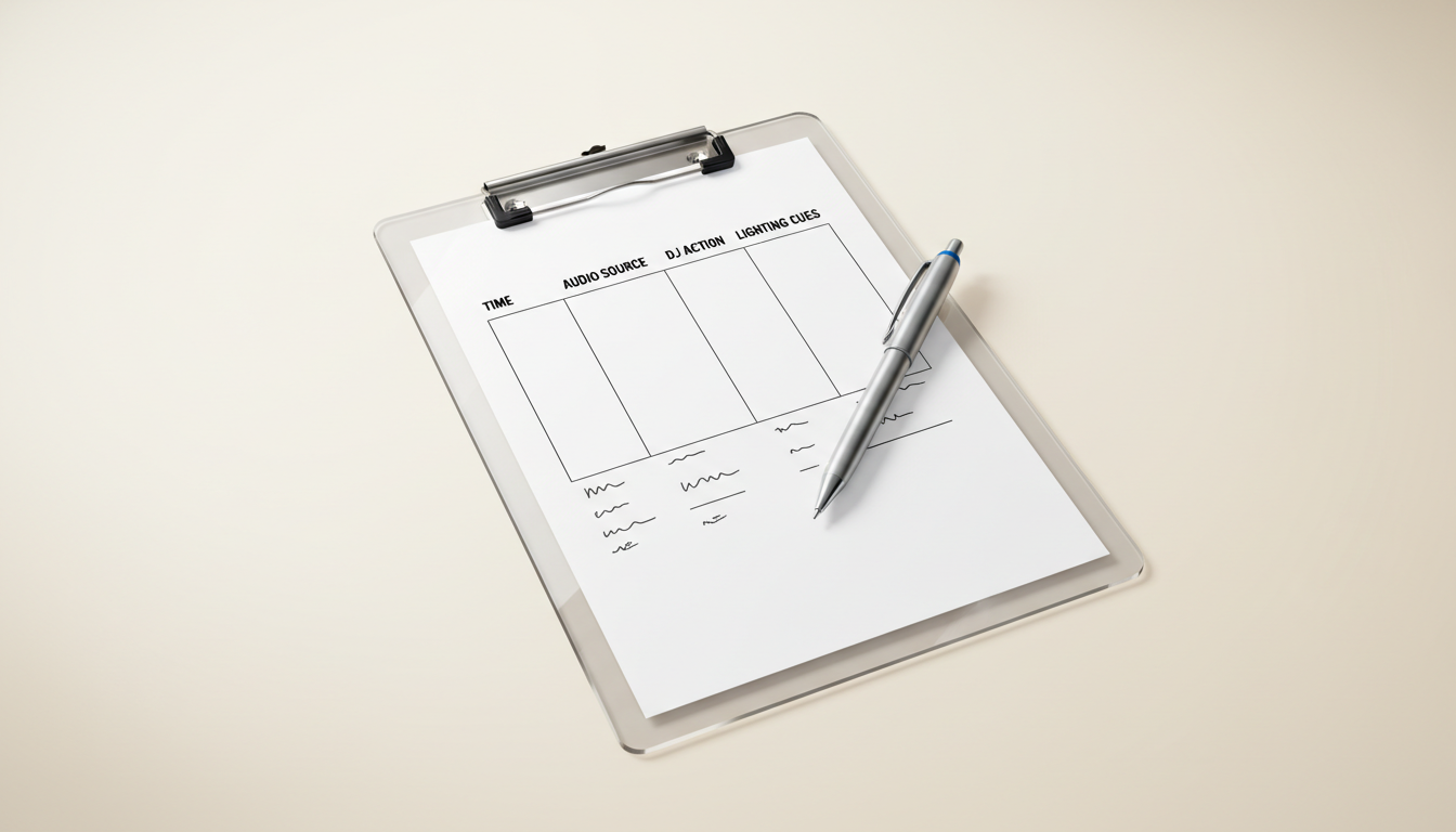 A close-up of a printed wedding reception cue sheet detailing the timing for a video grand entrance.