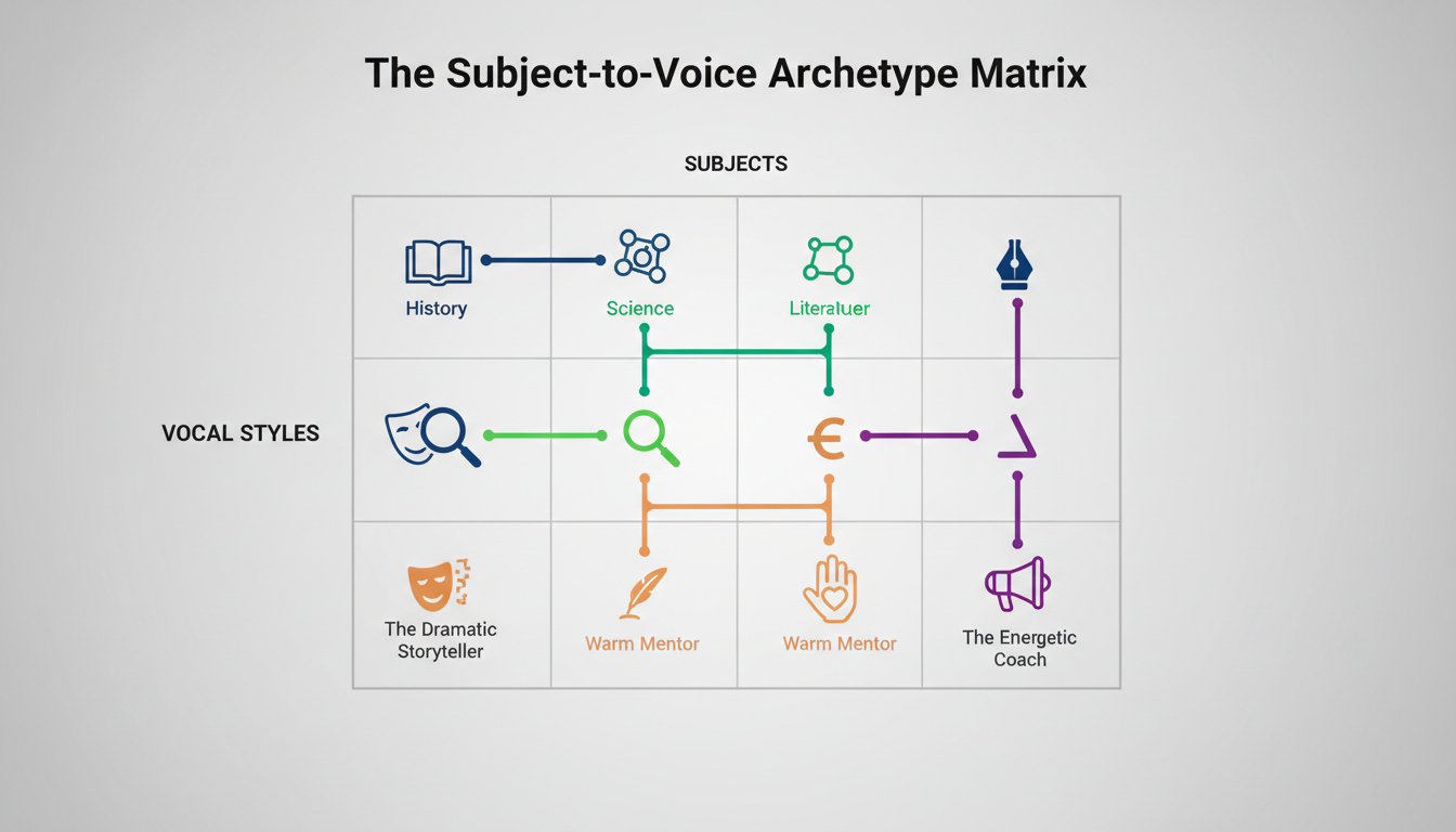 An infographic chart showing how to match educational subjects with engaging AI voice archetypes.