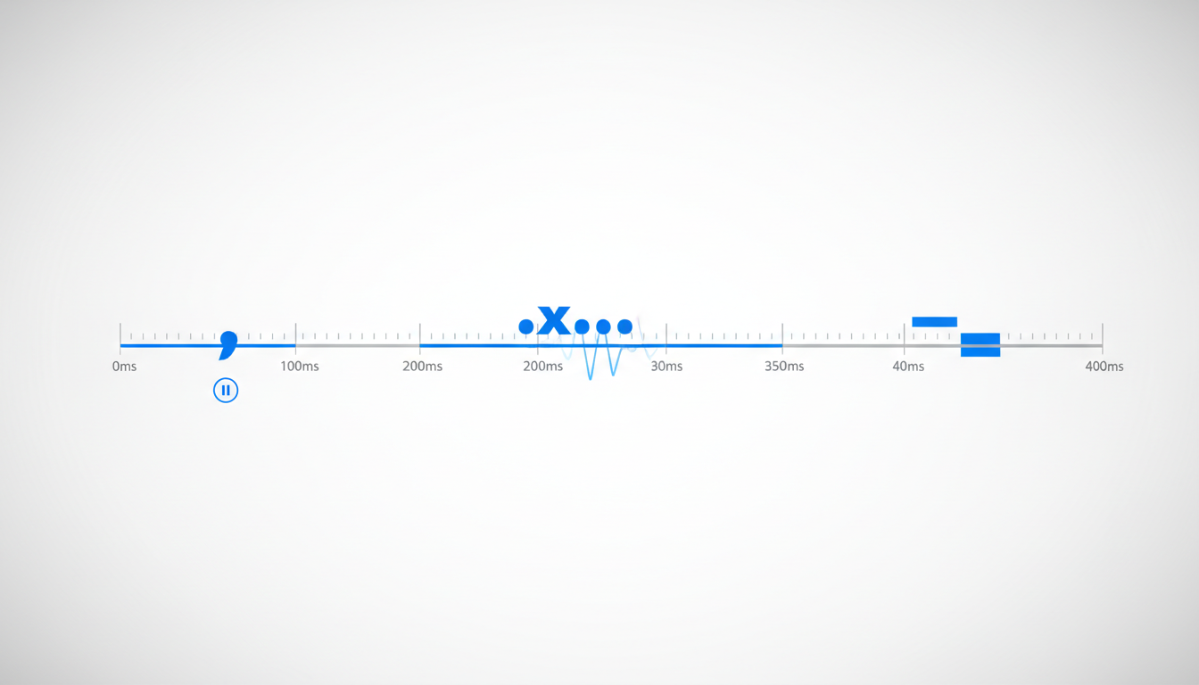 A visual diagram showing how different punctuation marks translate into millisecond pauses on an audio timeline.