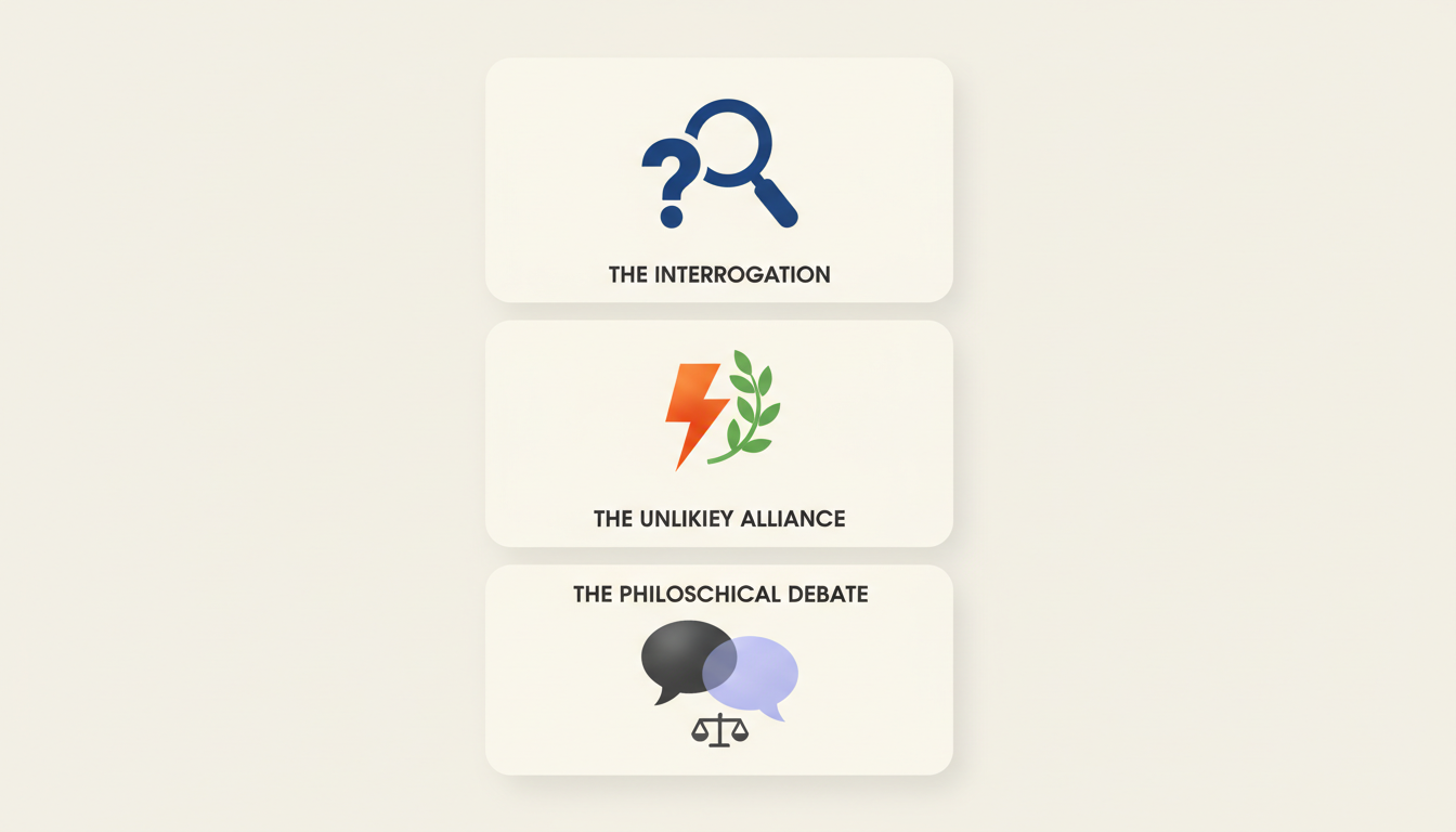An infographic outlining three text-based roleplay frameworks for chatting with virtual movie villains.