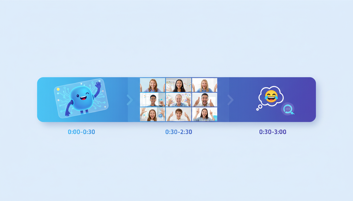A timeline diagram showing the ideal structure and sequence of a collaborative virtual birthday video card.