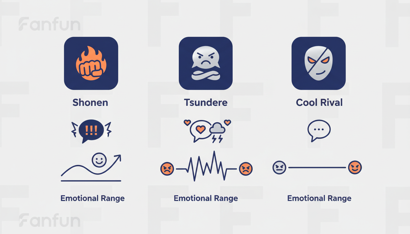 An infographic comparing anime character speech patterns, showing vocabulary and pacing differences for Shonen, Tsundere, and Cool Rival archetypes.