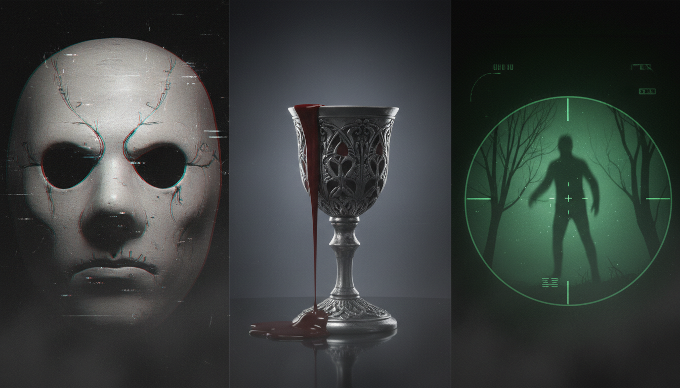 Three visual panels representing slasher, gothic, and paranormal horror themes for party invitations.