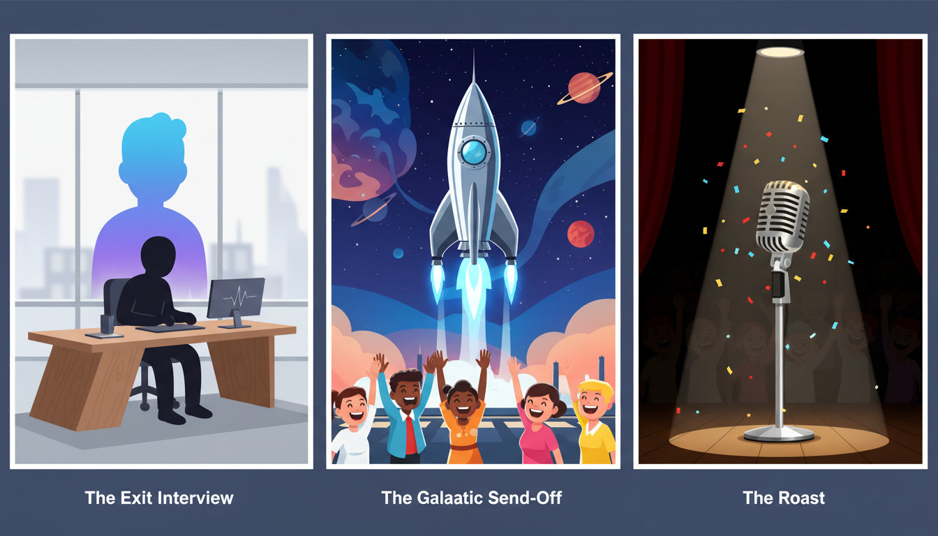 A storyboard diagram illustrating three creative retirement video formats: an exit interview, a galactic send-off, and a good-natured roast.