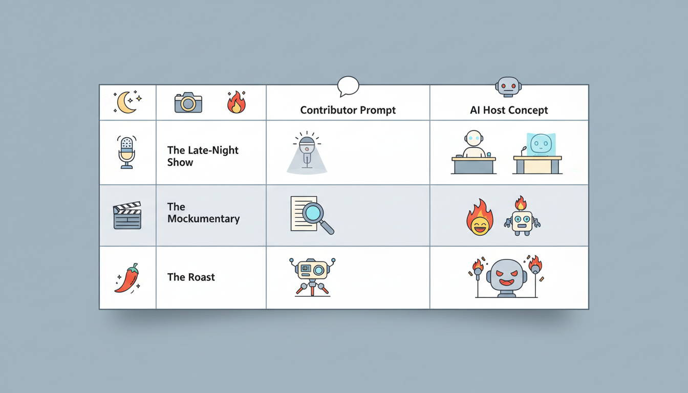A comparison table outlining different themes for collaborative group videos, including prompts and AI character roles.