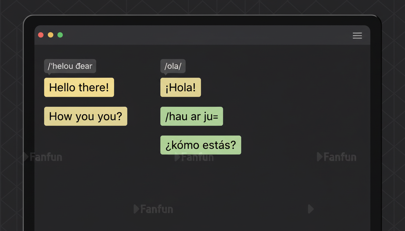 A digital script editor showing color-coded English and Spanish phrases with phonetic pronunciation notes for AI voice generation.