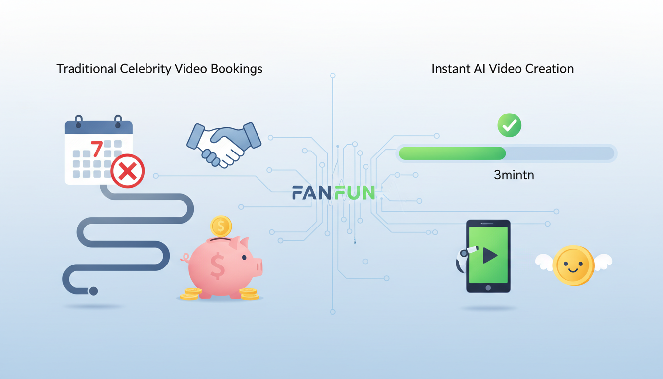 Infographic comparing traditional celebrity video booking timelines with instant AI video generation.