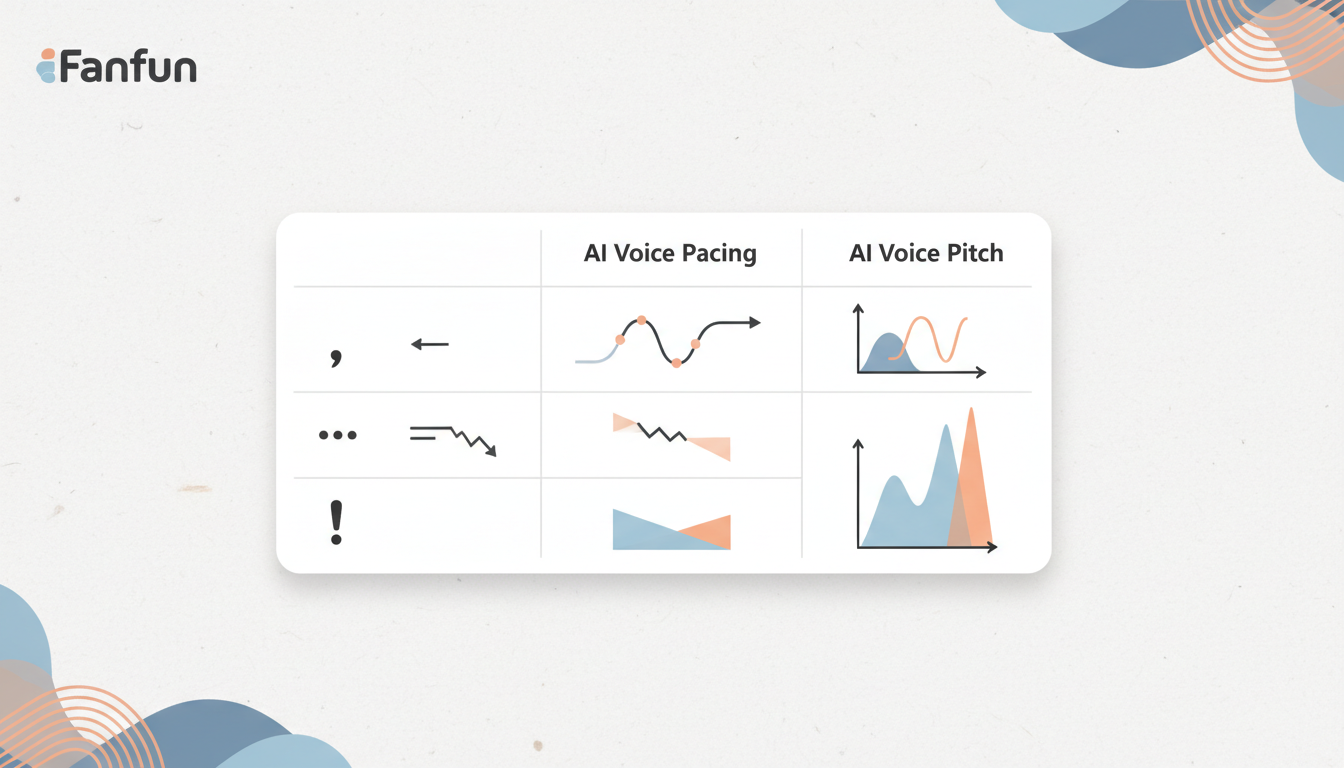 A formatting cheat sheet showing how punctuation marks like ellipses and commas control AI voice pacing and pauses.
