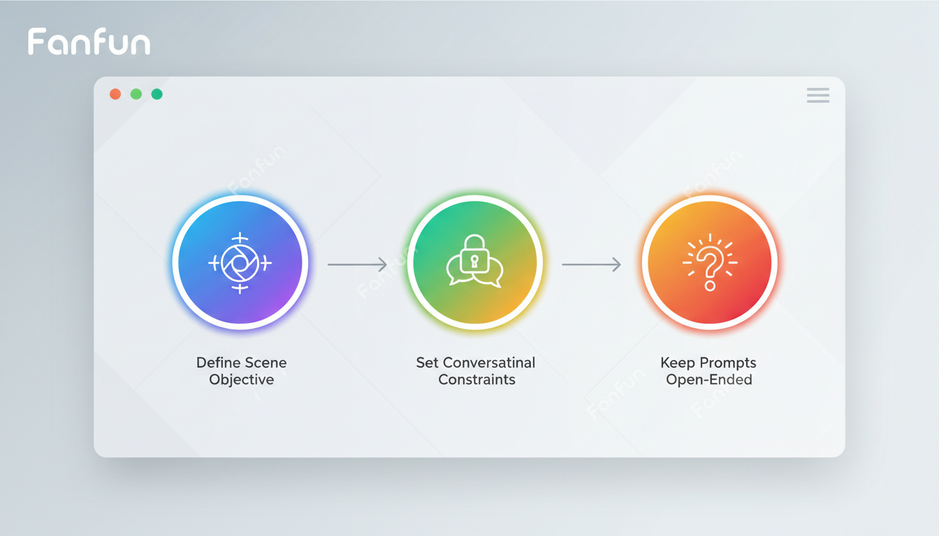 A three-step flow chart illustrating how to set up an AI character chat session for creative dialogue practice.